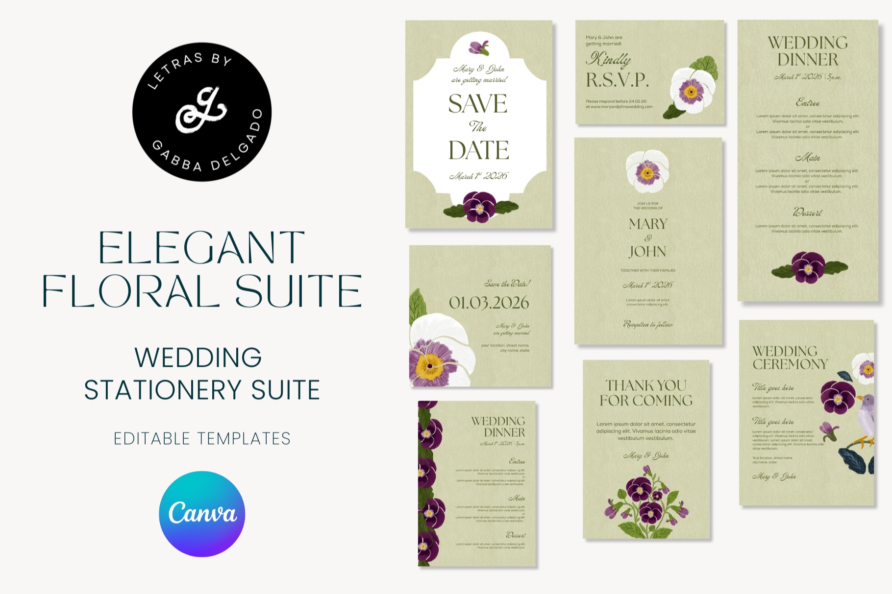 Hand illustrated elegant floral wedding suite template for canva