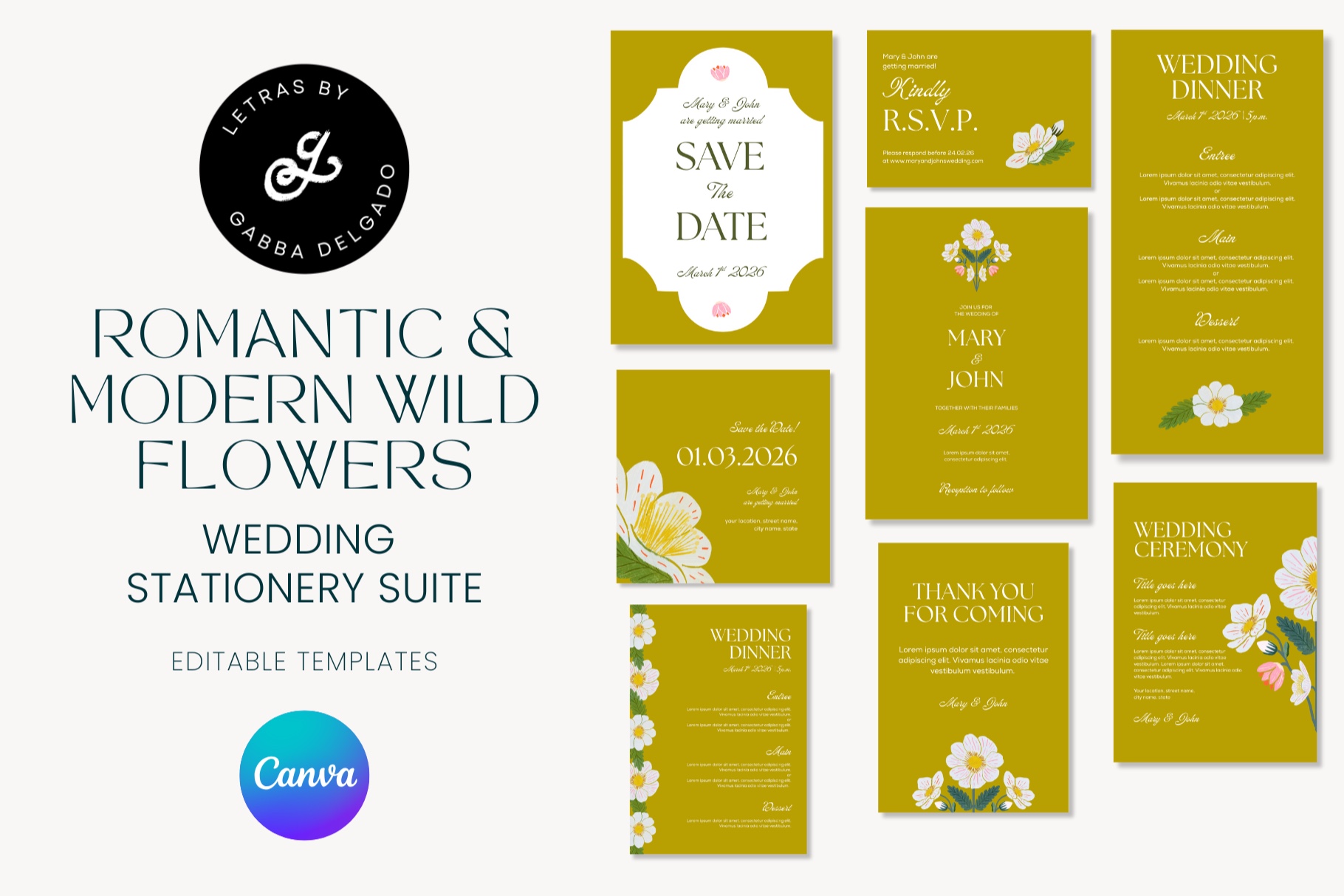 Hand drawn Wildflowers wedding suite template for canva