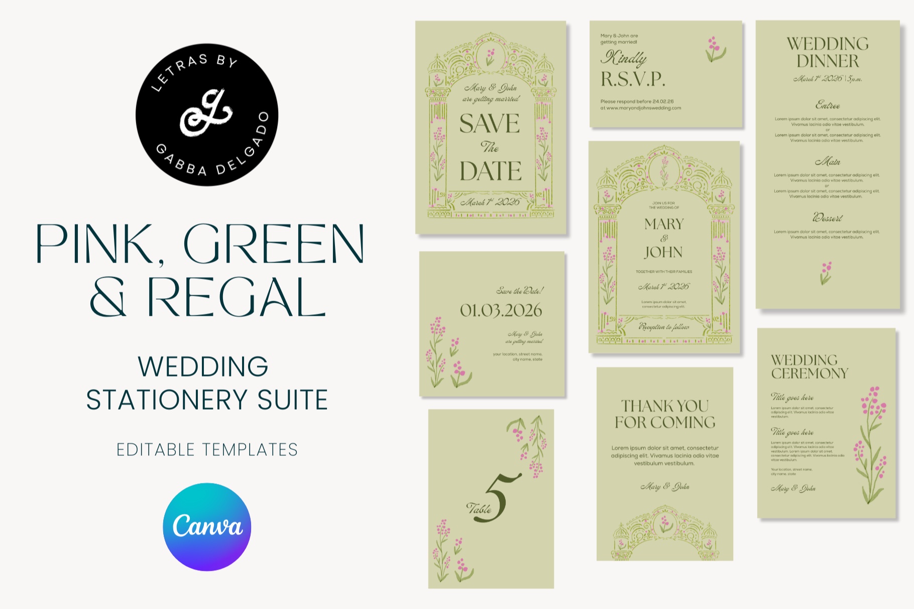 Green, pink and regal Wedding Stationery Template for Canva