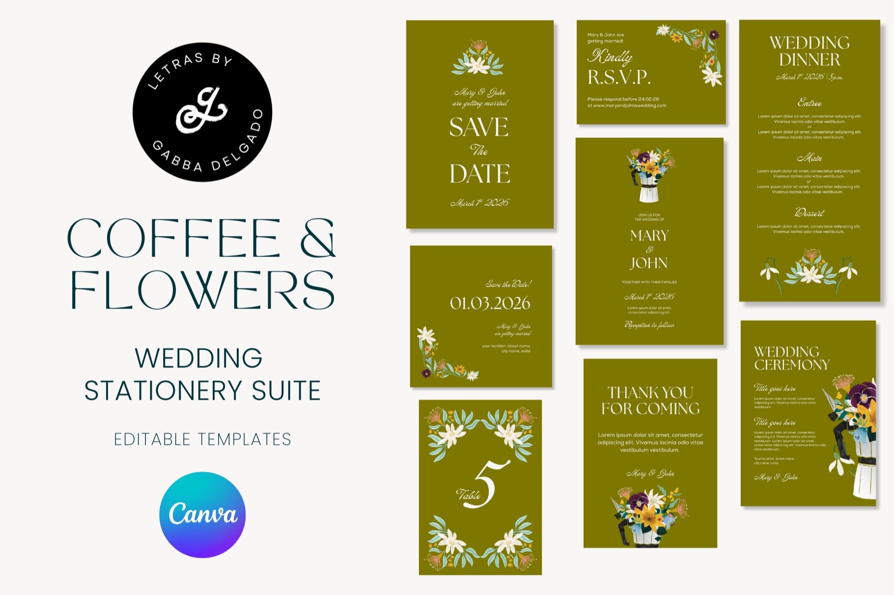 Coffee and flowers Hand illustrated Wedding Stationery