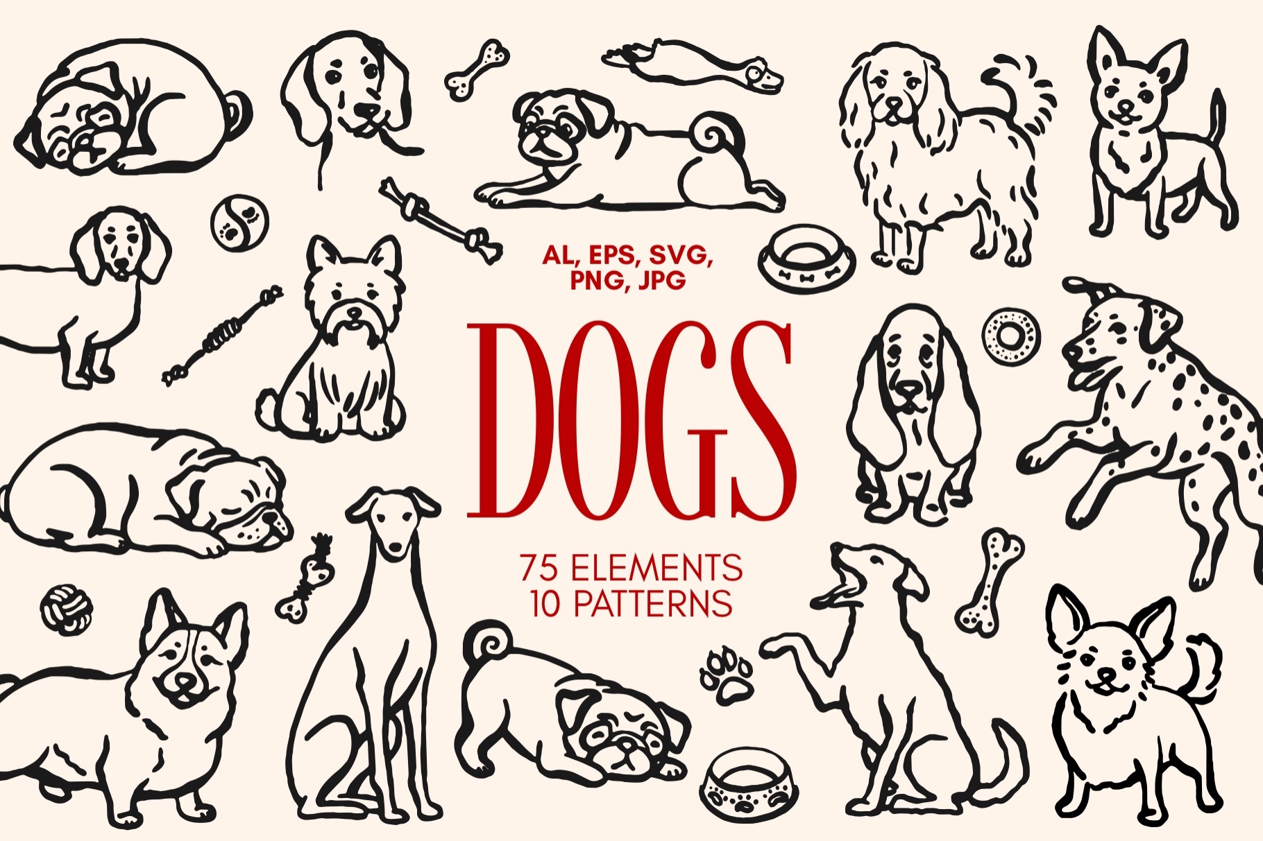 75 Hand Drawn Dog Clipart Set and 10 Patterns