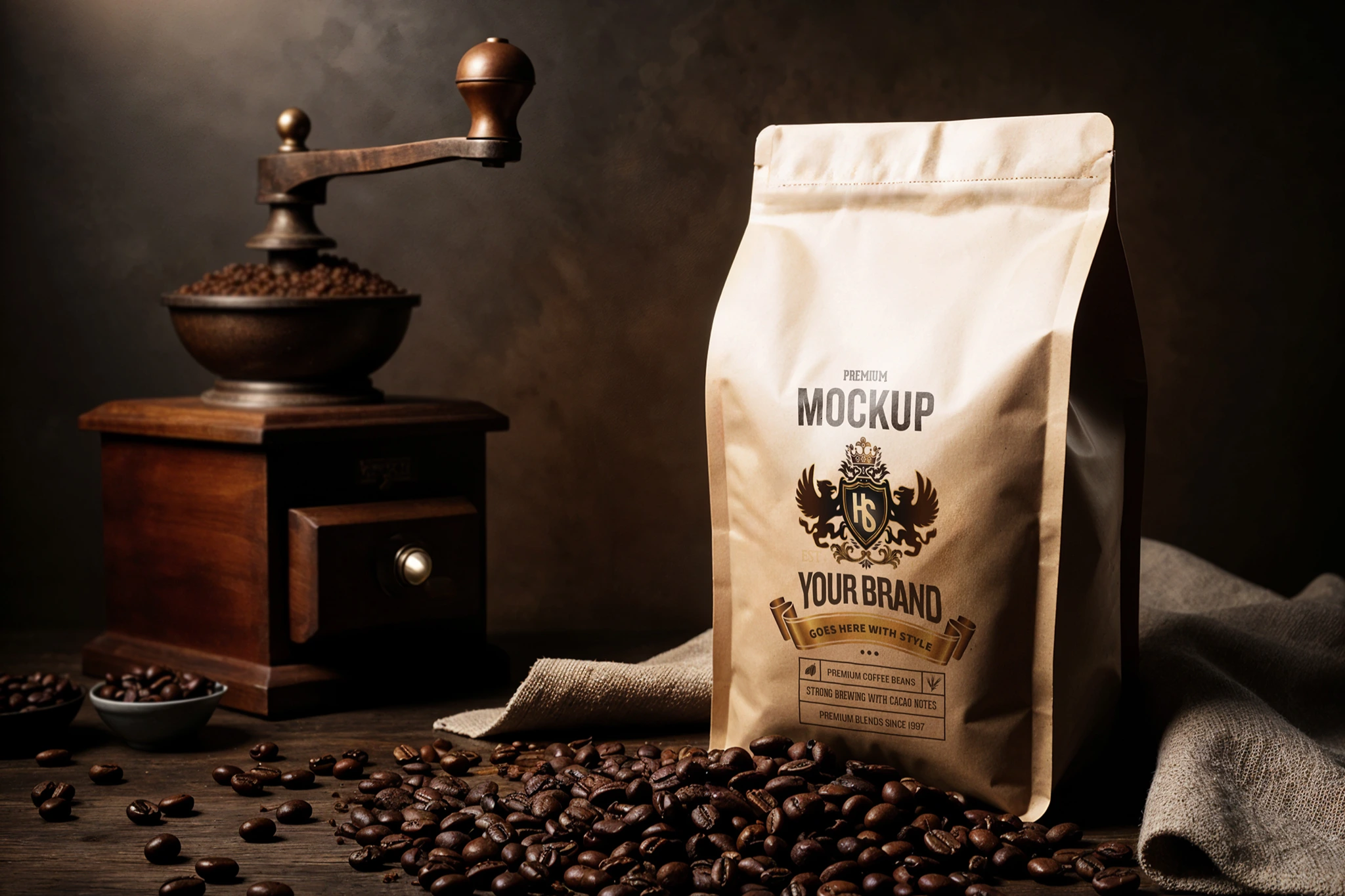 Coffee Packaging Mockup with Grinder and Beans in Rustic Dark Setting