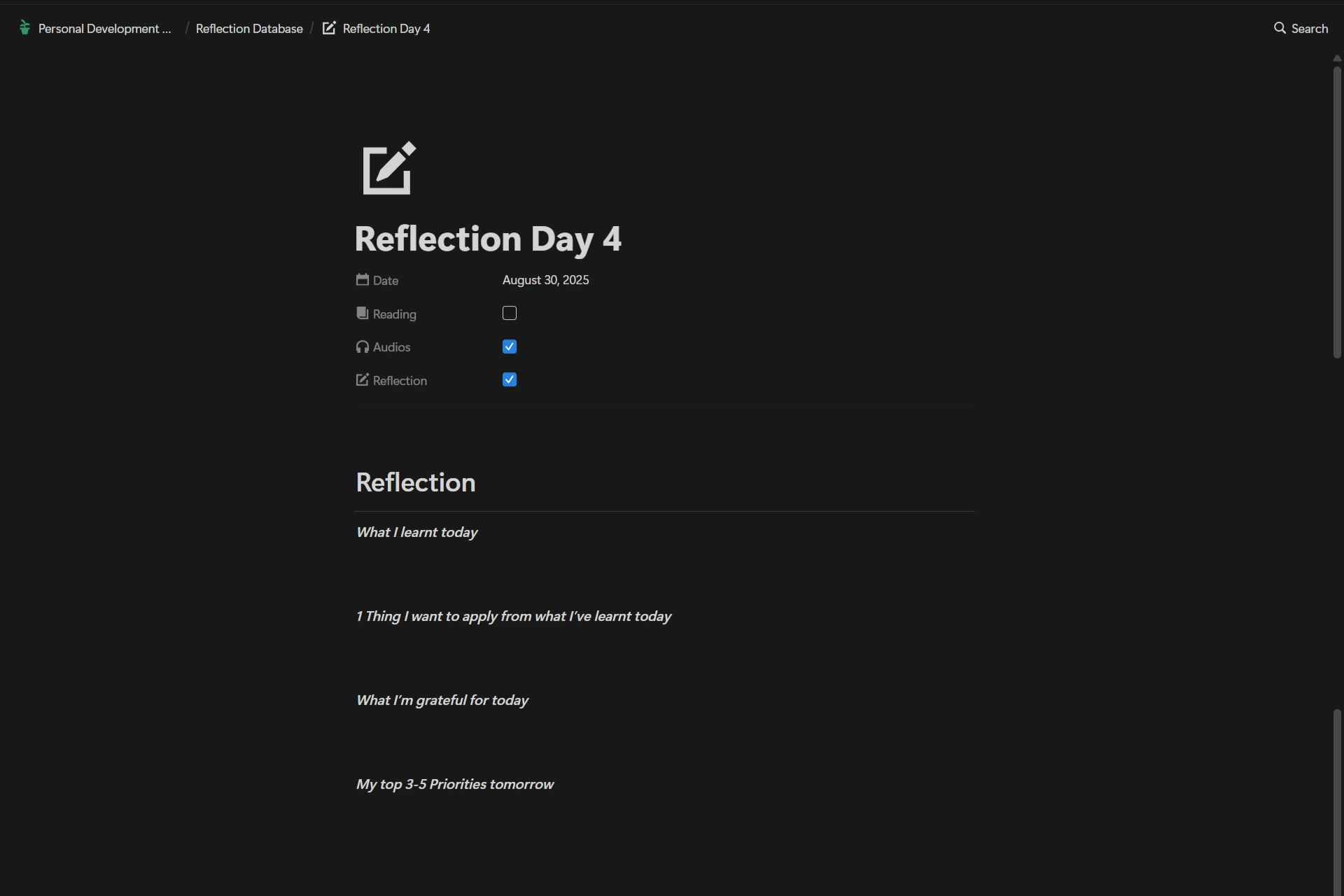 Personal Development Dashboard - Reflection View.png