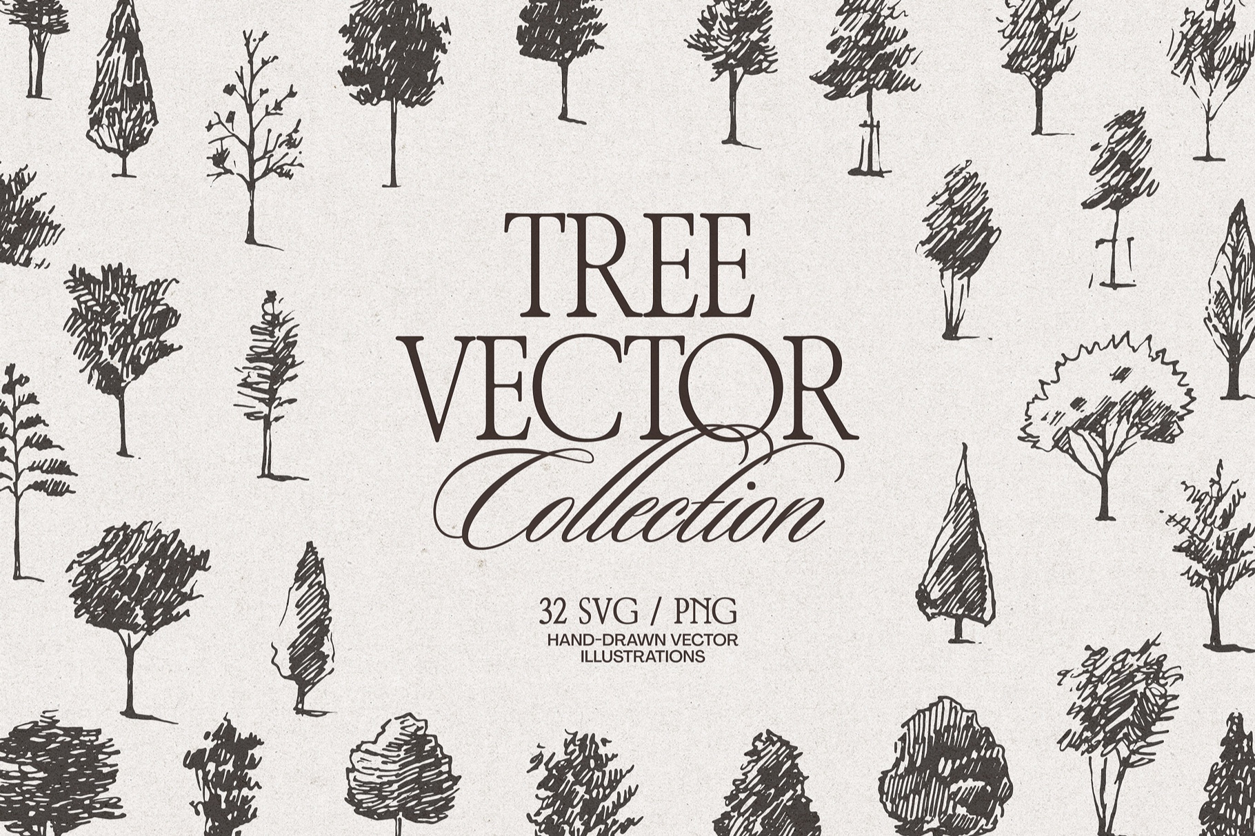 Tree Vector Draw Hand-Drawn Vector Trees - TheMountBirdStudio