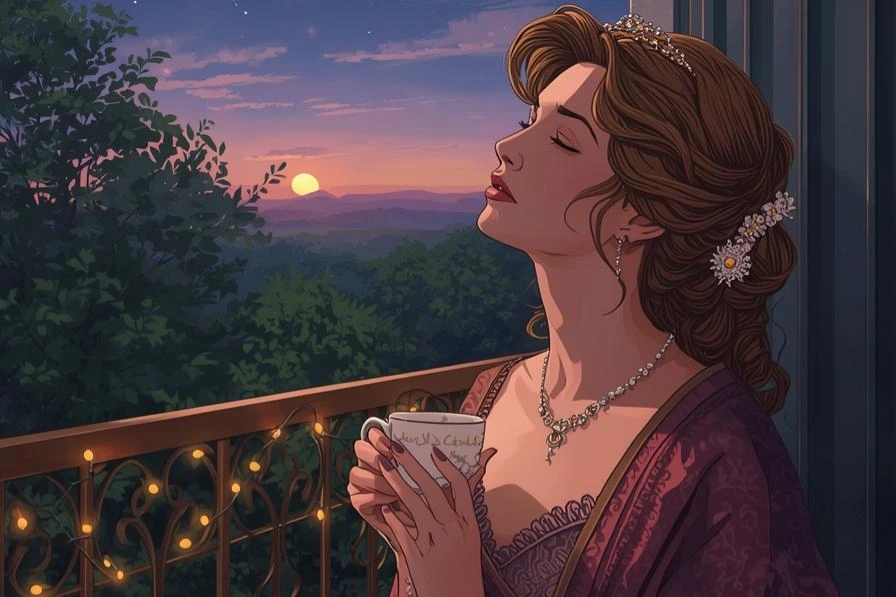A elegant and beautiful  woman sitting on her balcony at twilight wrapped in a shawl, sipping tea, gazing at the stars. Her notebook rests open with handwritten praye.jpg