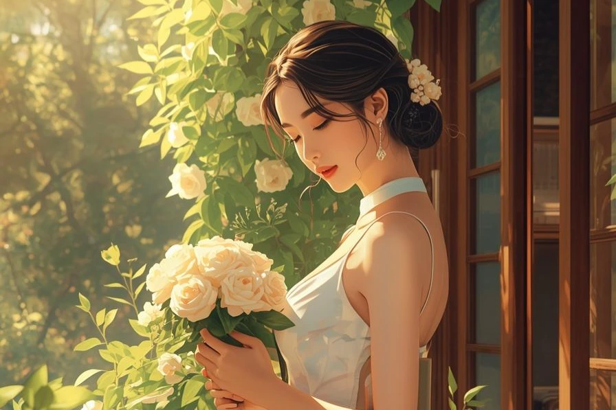 A beautiful elegant woman holding a bouquet of white roses in one hand and her planner in the other, standing on a balcony filled with plants. Summer sunlight paints .jpg